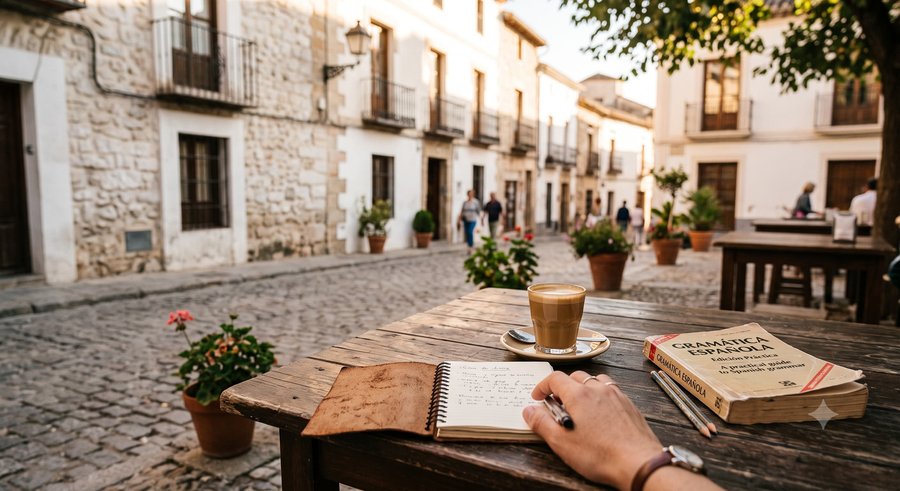 Quaderno e caffè su un tavolino spagnolo